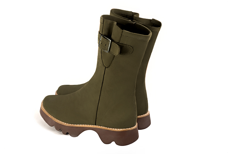 Khaki green women's ankle boots with a zip on the inside.. Rear view - Florence KOOIJMAN